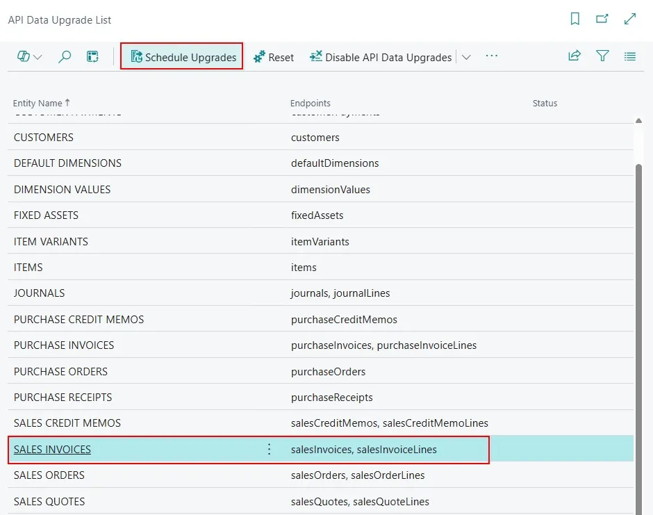 API Data Upgrade List page