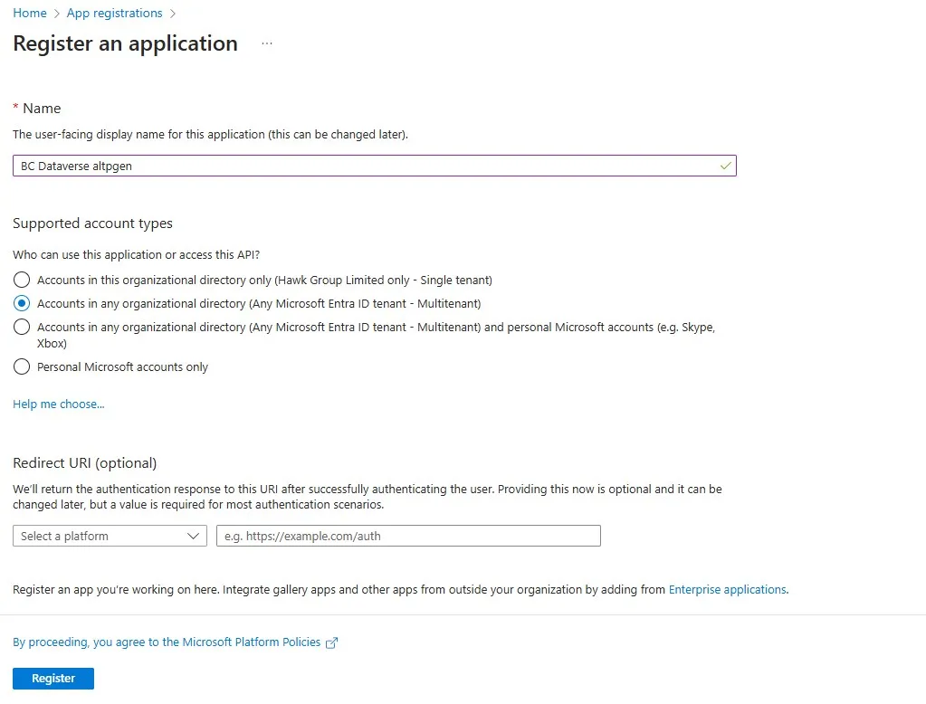 Specify the Name and Supported account types, then click on Register.
