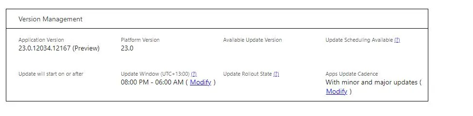 Apps Update Cadence set to minor and major updates
