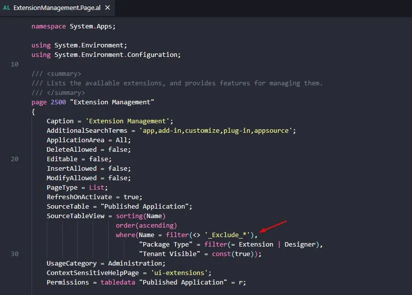 The Extension Management page is designed to filter out extensions prefixed with “Exclude”.
