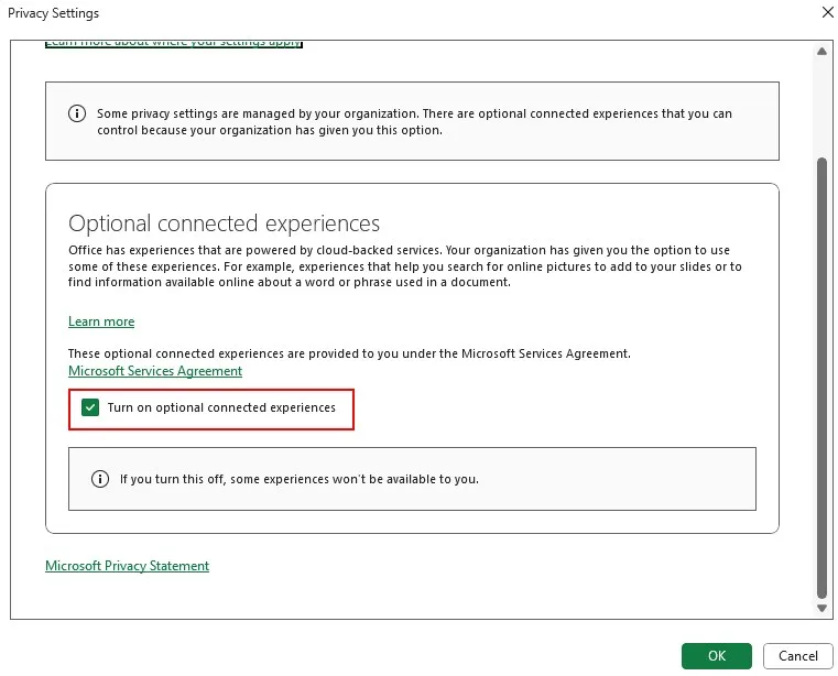 Turn on optional connected experiences