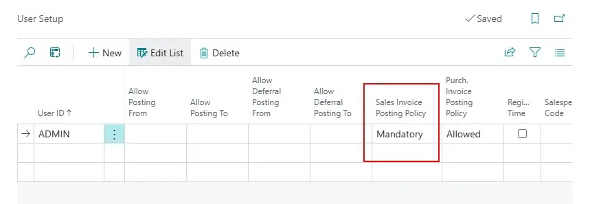 Sales Invoice Posting Policy - User Setup