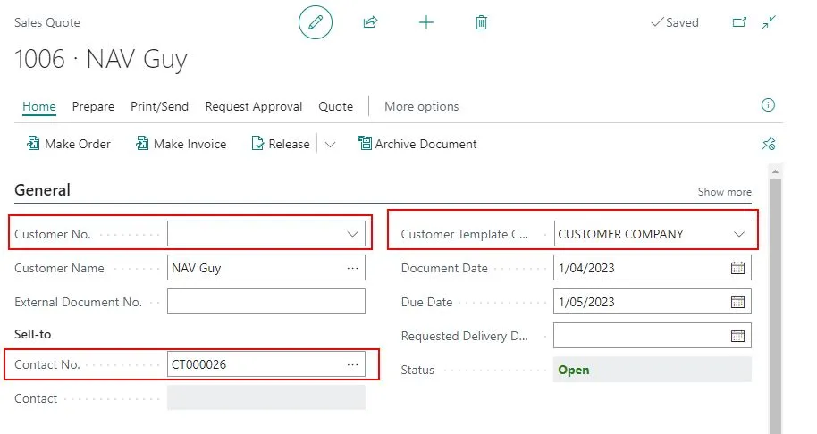 Contact No and Customer Template Code