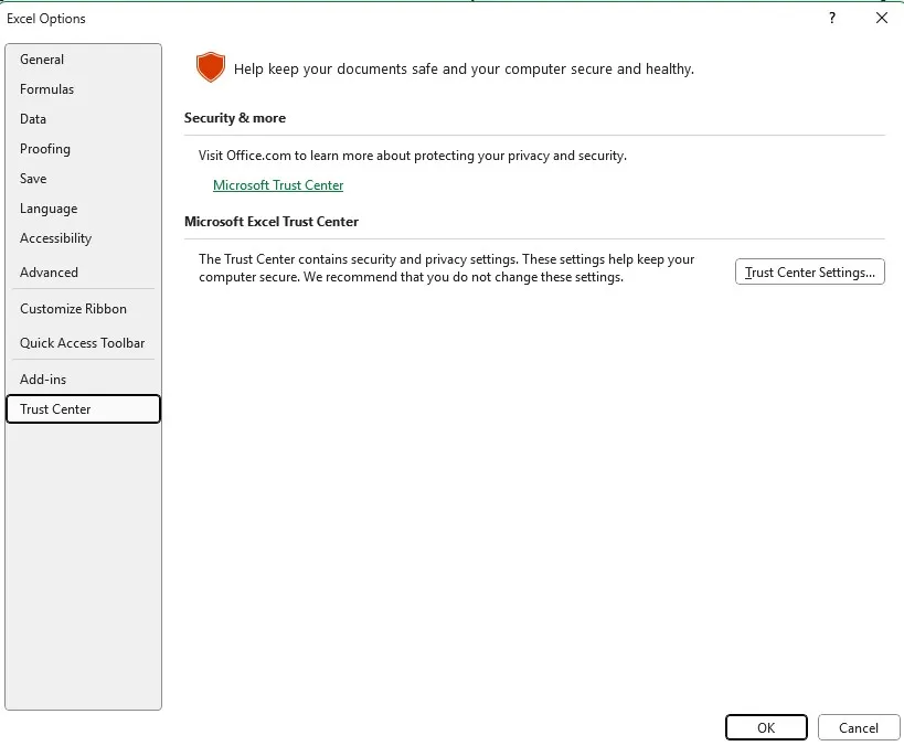 Trust Center Settings
